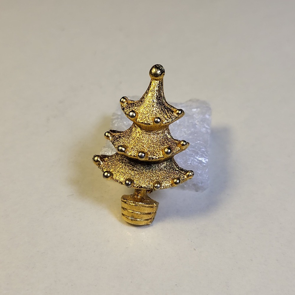 Vintage Gold Tone Christmas Tree Brooch Pin Small Gold Silver Textured Holiday